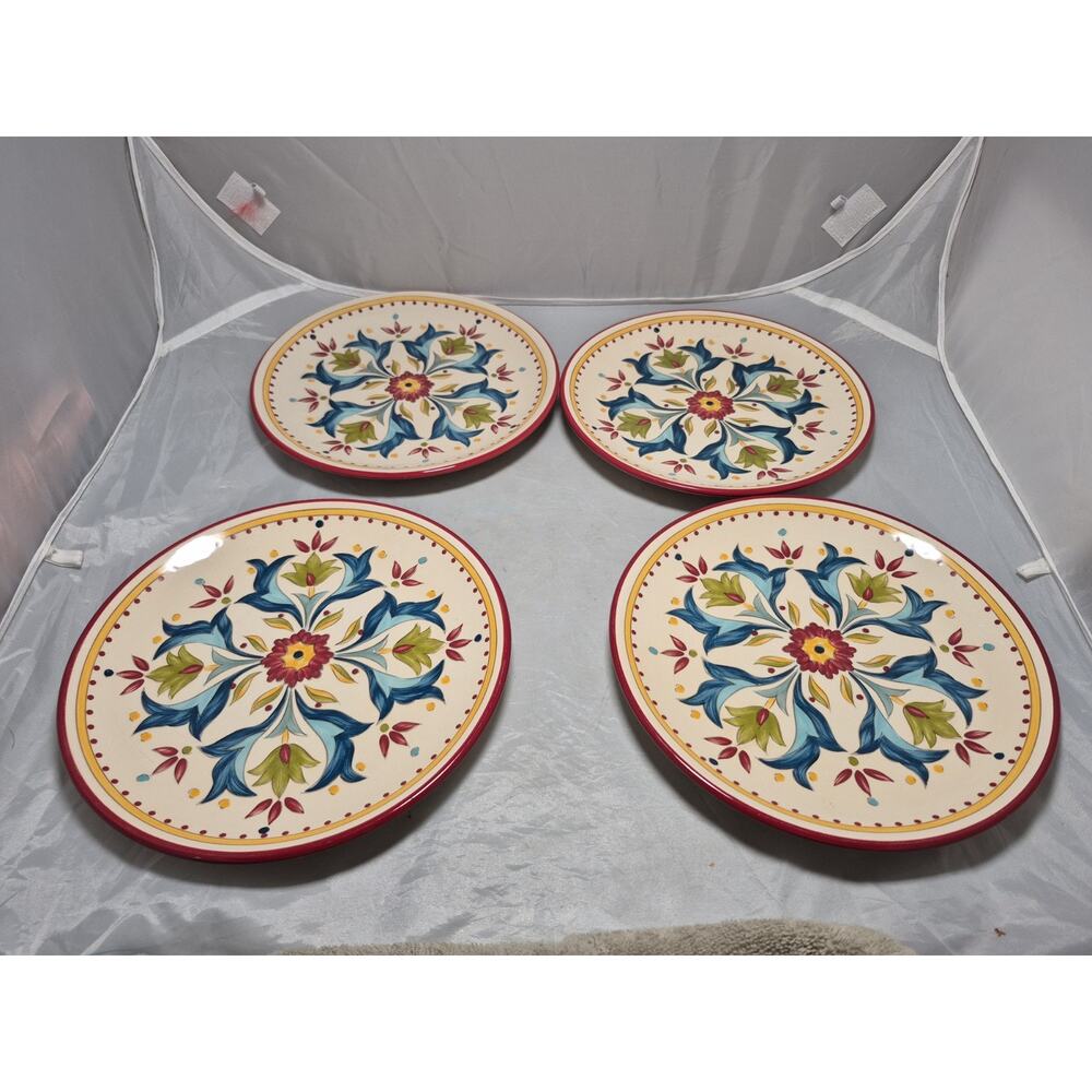 💥 Bobby Flay Sevilla Salad Dessert Plate Ceramic Floral Red Yellow Set of 4